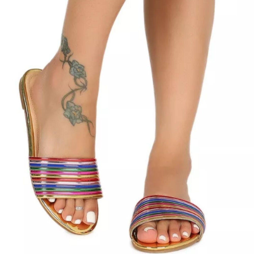 🌈Colorful Gold Rainbow Pride Slide Flats ~ no box